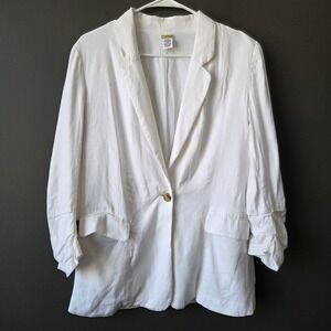 Magaschoni White Linen Blend Ruched Sleeve Blazer Jacket Sz M Lightweight Summer